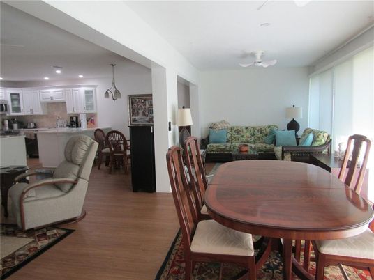 Dining room, Interior, Kitchen, Pendant Lights, Recessed Lighting, Wood Texture Flooring