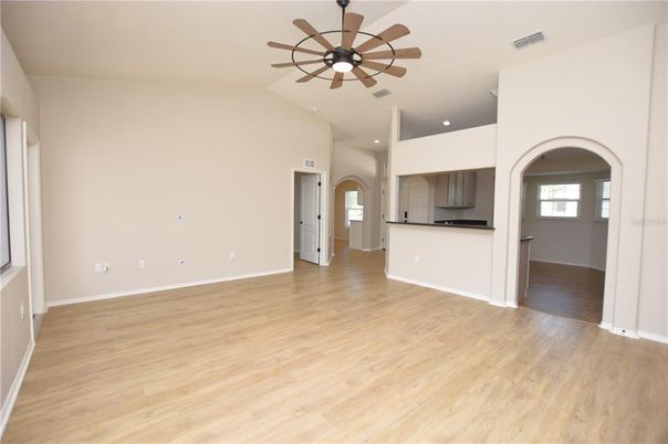 Empty room, Interior, Kitchen, Recessed Lighting, Wood Texture Flooring