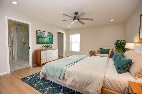 Bathroom, Bedroom, Glass Shower, Interior, Recessed Lighting, Wood Texture Flooring