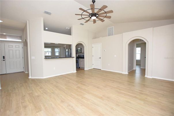 Empty room, Interior, Kitchen, Recessed Lighting, Wood Texture Flooring