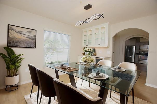 Dining room, Interior, Kitchen, Pendant Lights, Stainless Steel Appliances, Wood Texture Flooring