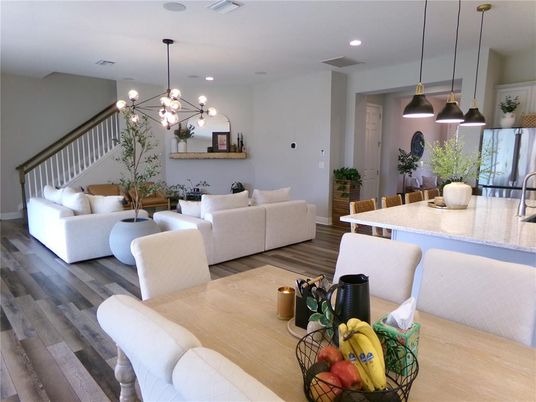 Dining room, Interior, Kitchen, Living room, Pendant Lights, Recessed Lighting, Wood Texture Flooring