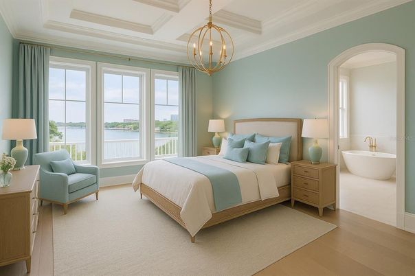 Bedroom, Chandelier, Interior, Pendant Lights, Water, Wood Texture Flooring