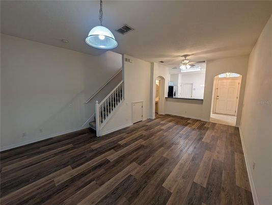 Empty room, Interior, Pendant Lights, Wood Texture Flooring