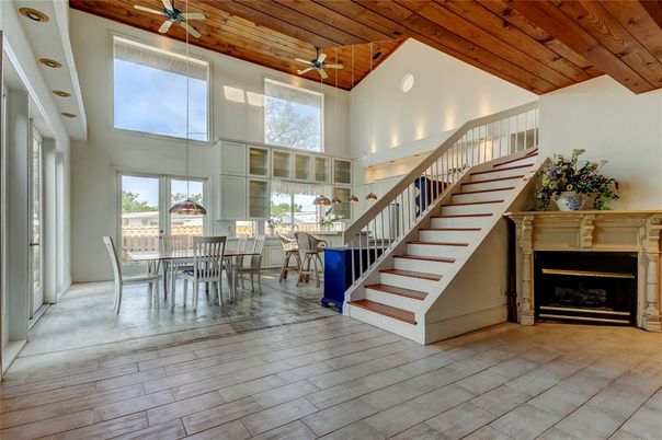 Dining room, Fireplace, Interior, Wooden Ceilings, Wood Texture Flooring