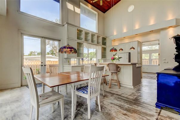 Dining room, Interior, Kitchen, Pendant Lights, Wood Texture Flooring