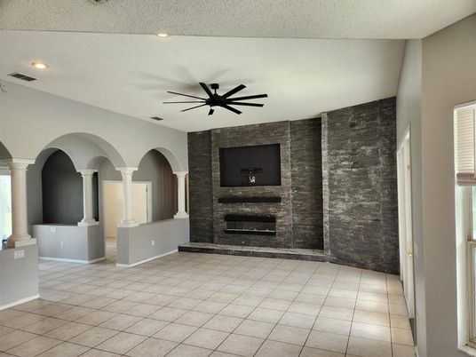 Fireplace, Interior, Recessed Lighting, Stone Walls