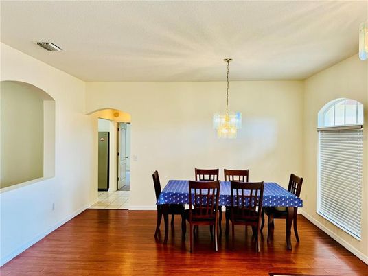 Dining room, Interior, Pendant Lights, Wood Texture Flooring