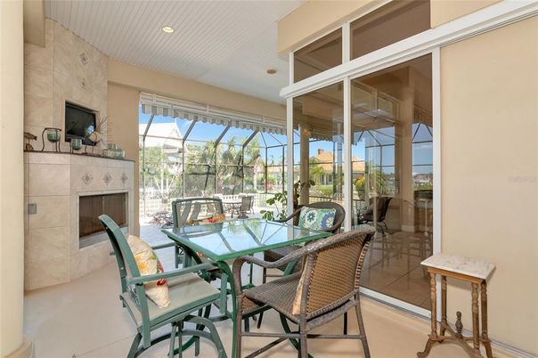 Dining room, Fireplace, Glass Ceilings, Interior, Recessed Lighting, Sun Room