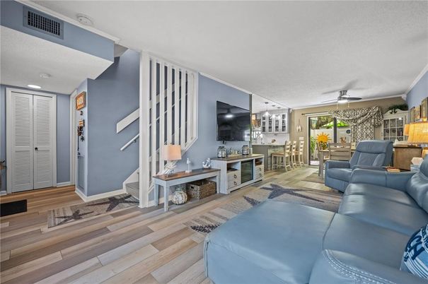 Dining room, Interior, Living room, Recessed Lighting, Wood Texture Flooring