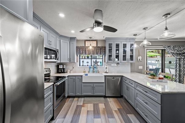 Interior, Kitchen, Pendant Lights, Recessed Lighting, Stainless Steel Appliances, Wood Texture Flooring