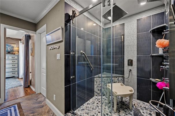 Bathroom, Glass Shower, Interior, Wood Texture Flooring