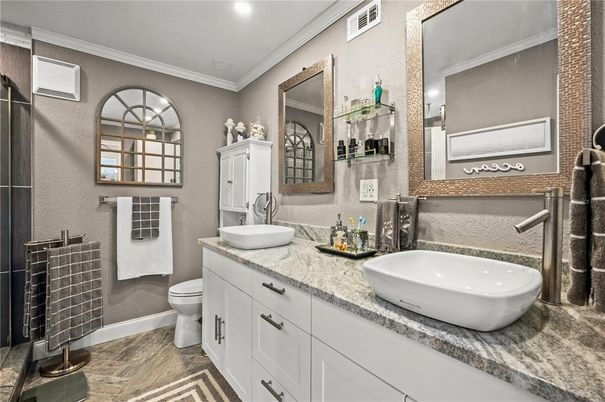 Bathroom, Dual Sink Vanities, Interior, Recessed Lighting, Wood Texture Flooring