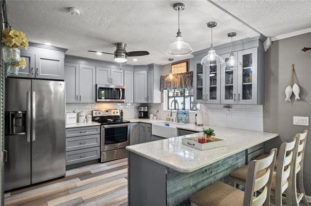 Interior, Kitchen, Pendant Lights, Stainless Steel Appliances, Wood Texture Flooring
