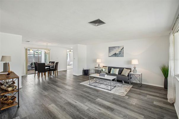 Dining room, Interior, Living room, Pendant Lights, Wood Texture Flooring