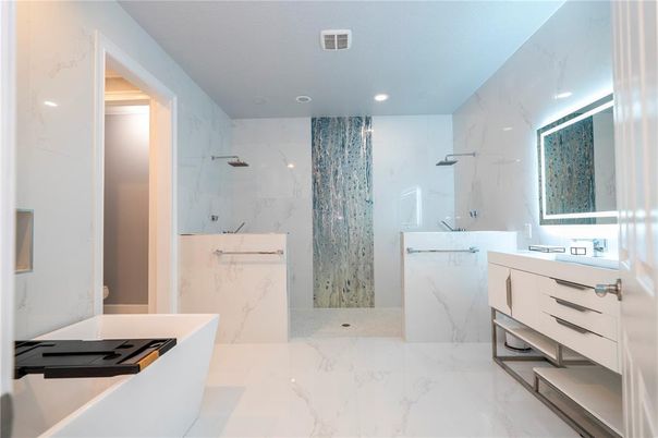 Bathroom, Free Standing Baths, Interior, Marble, Marble Walls, Recessed Lighting