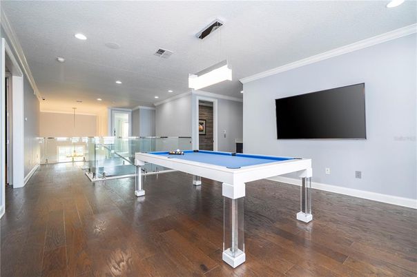 Billiard Table, Game Room, Interior, Recessed Lighting, Wood Texture Flooring