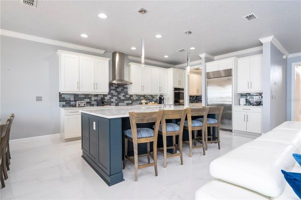 Interior, Kitchen, Marble, Pendant Lights, Recessed Lighting, Stainless Steel Appliances