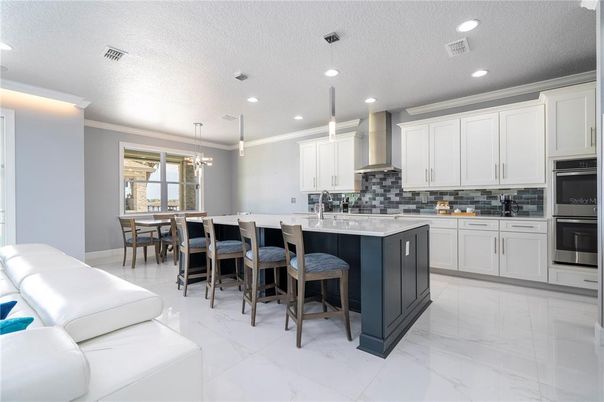 Dining room, Interior, Kitchen, Marble, Pendant Lights, Recessed Lighting