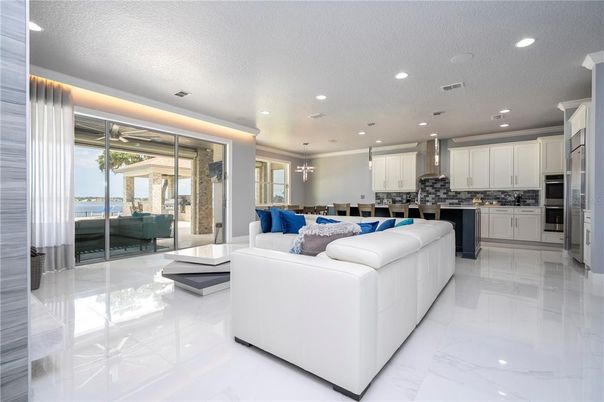 Interior, Kitchen, Living room, Marble, Pendant Lights, Recessed Lighting, Stainless Steel Appliances