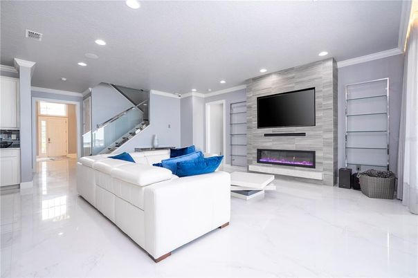 Fireplace, Interior, Living room, Marble, Recessed Lighting