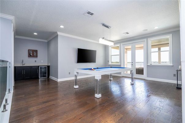 Billiard Table, Game Room, Interior, Pendant Lights, Recessed Lighting, Wood Texture Flooring