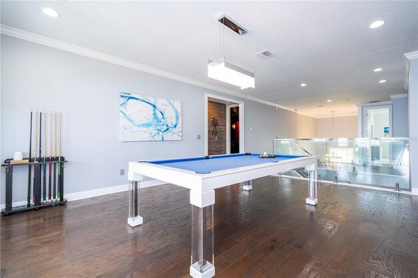 Billiard Table, Game Room, Interior, Pendant Lights, Recessed Lighting, Wood Texture Flooring