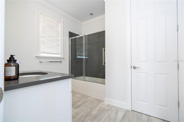 Bathroom, Glass Shower, Interior, Wood Texture Flooring