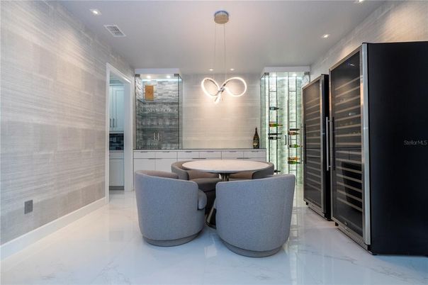Dining room, Interior, Marble, Pendant Lights, Recessed Lighting, Wine Storage