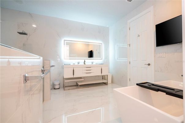 Bathroom, Dual Sink Vanities, Free Standing Baths, Glass Shower, Interior, Marble, Marble Walls