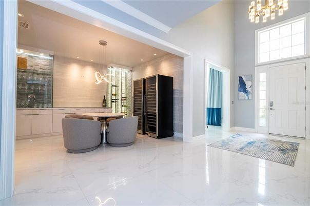 Dining room, Interior, Marble, Pendant Lights, Recessed Lighting, Wine Storage