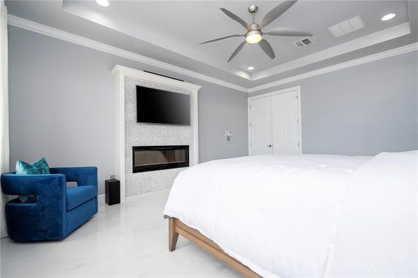 Bedroom, Fireplace, Interior, Marble, Recessed Lighting