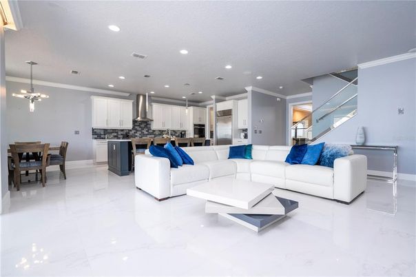 Dining room, Interior, Kitchen, Living room, Marble, Pendant Lights, Recessed Lighting, Stainless Steel Appliances
