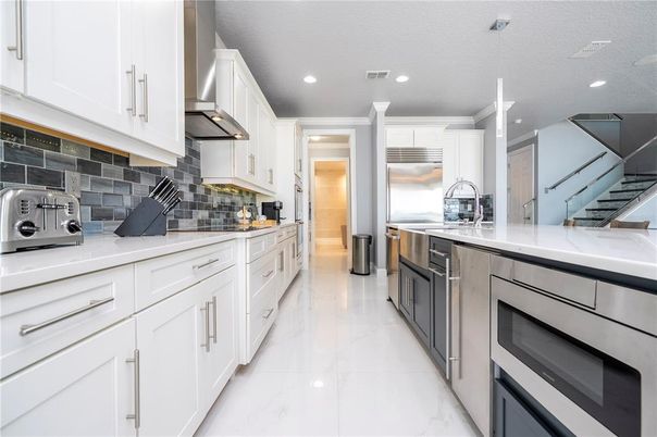 Interior, Kitchen, Marble, Recessed Lighting, Stainless Steel Appliances