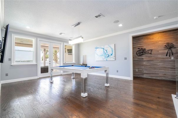 Billiard Table, Game Room, Interior, Pendant Lights, Recessed Lighting, Wood Texture Flooring, Wooden Walls