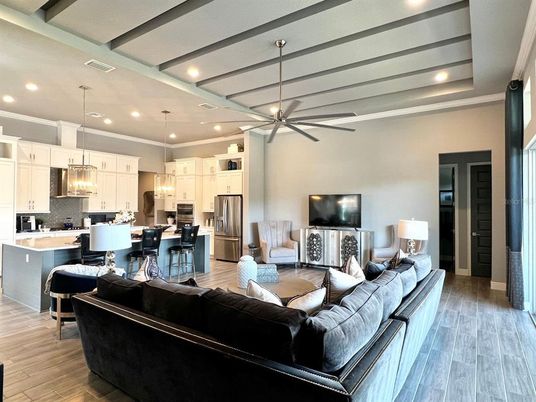 Interior, Kitchen, Living room, Pendant Lights, Recessed Lighting, Stainless Steel Appliances, Wood Texture Flooring