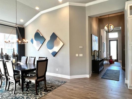 Dining room, Interior, Pendant Lights, Recessed Lighting, Wood Texture Flooring