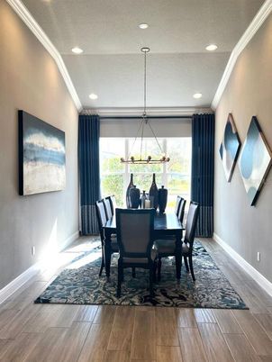 Dining room, Interior, Pendant Lights, Recessed Lighting, Wood Texture Flooring
