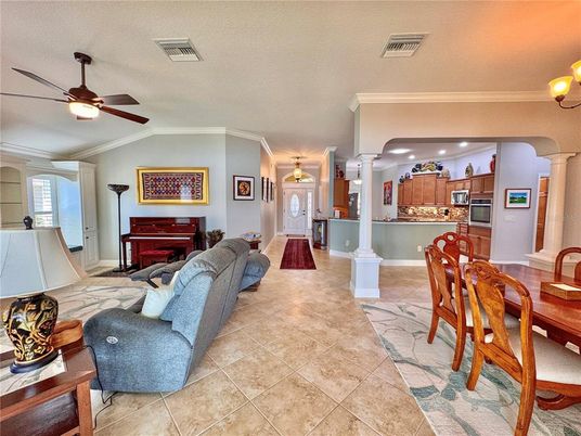 Dining room, Interior, Kitchen, Living room, Piano, Recessed Lighting, Stainless Steel Appliances