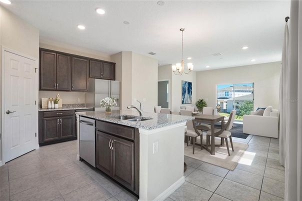 Chandelier, Dining room, Interior, Kitchen, Living room, Recessed Lighting, Stainless Steel Appliances