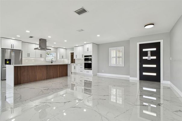 Interior, Kitchen, Marble, Recessed Lighting, Stainless Steel Appliances