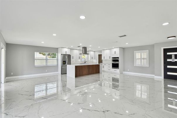Interior, Kitchen, Marble, Recessed Lighting, Stainless Steel Appliances