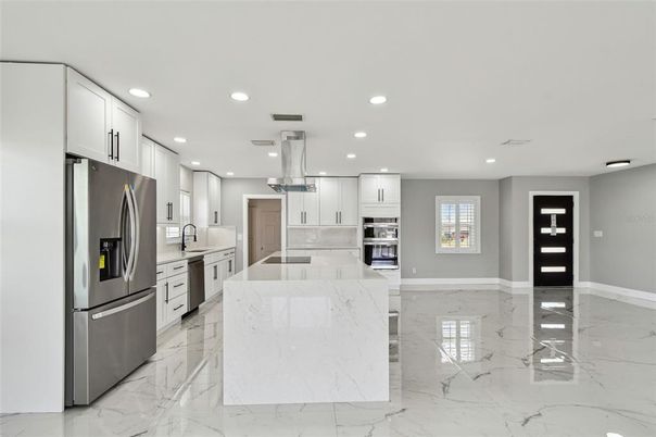 Interior, Kitchen, Marble, Pendant Lights, Recessed Lighting, Stainless Steel Appliances