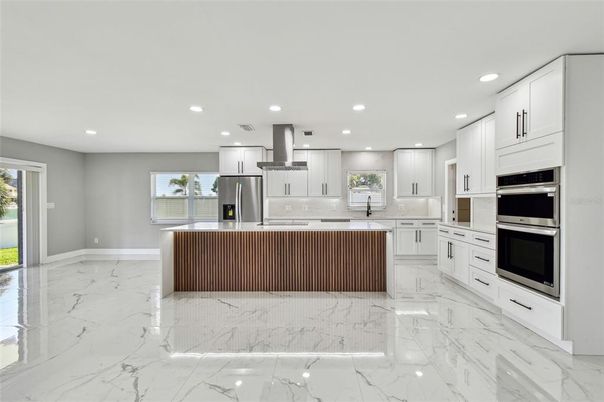 Interior, Kitchen, Marble, Recessed Lighting, Stainless Steel Appliances