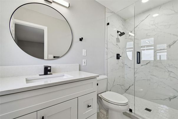 Bathroom, Glass Shower, Interior, Marble Walls, Recessed Lighting
