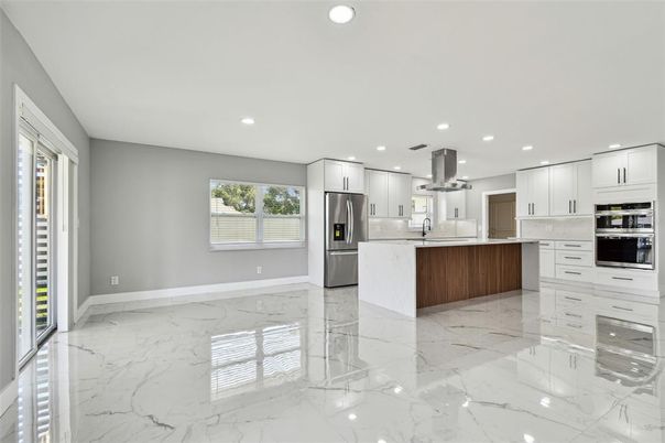 Interior, Kitchen, Marble, Recessed Lighting, Stainless Steel Appliances
