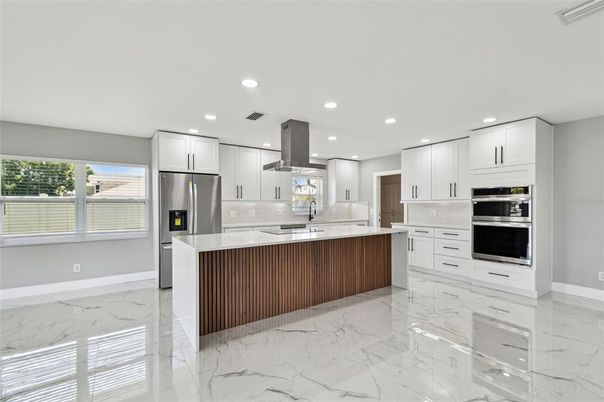 Interior, Kitchen, Marble, Recessed Lighting, Stainless Steel Appliances