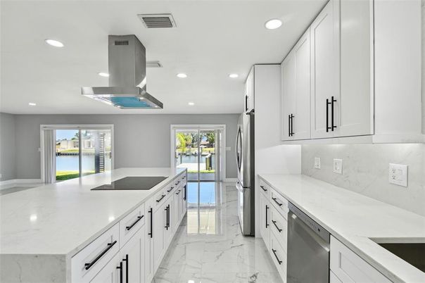 Interior, Kitchen, Marble, Recessed Lighting, Stainless Steel Appliances