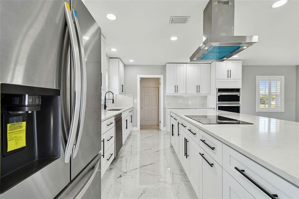 Interior, Kitchen, Marble, Recessed Lighting, Stainless Steel Appliances