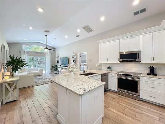 Interior, Kitchen, Living room, Recessed Lighting, Stainless Steel Appliances, Wood Texture Flooring